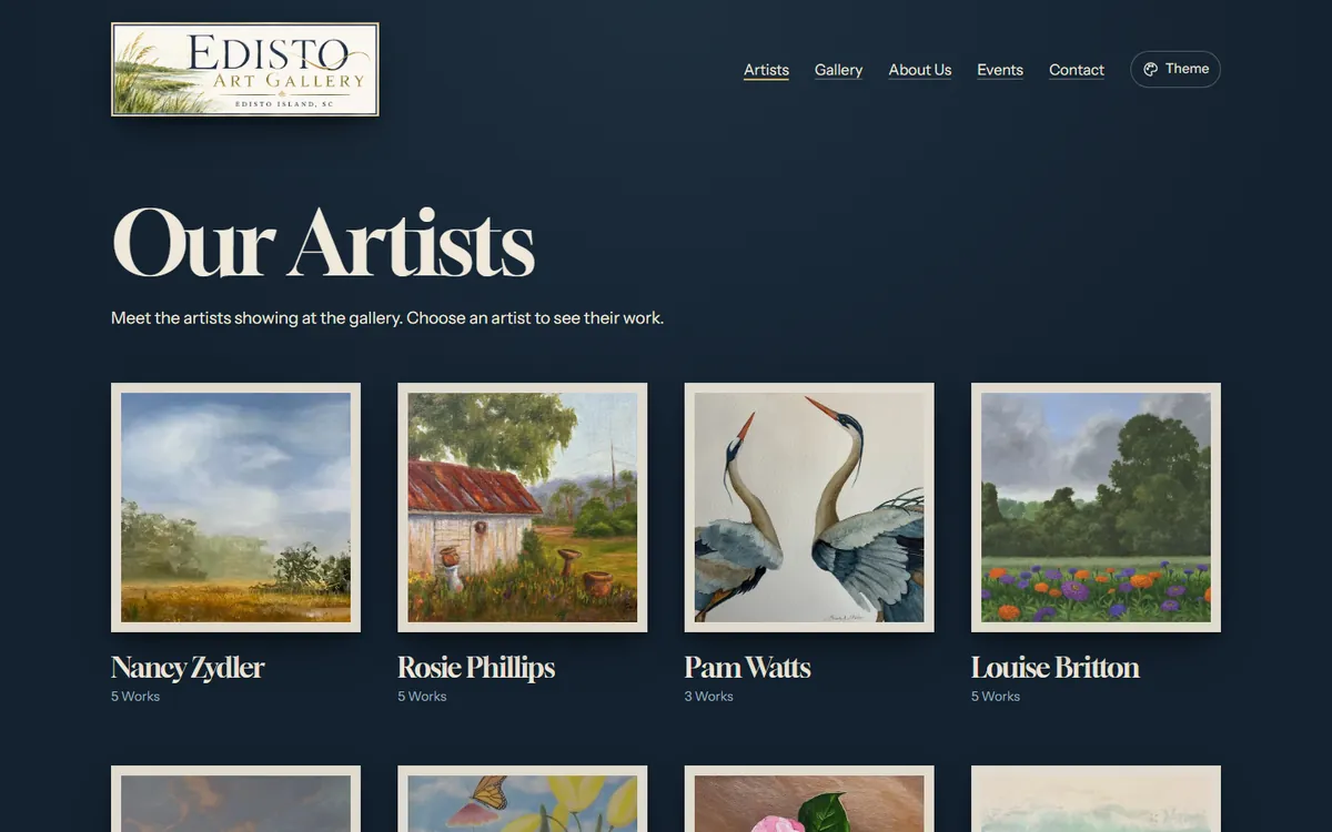 The Edisto Art Gallery artists page, with a framed painting for each artist