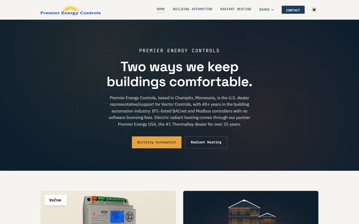 The Premier Energy Controls homepage, introducing building automation and radiant heating